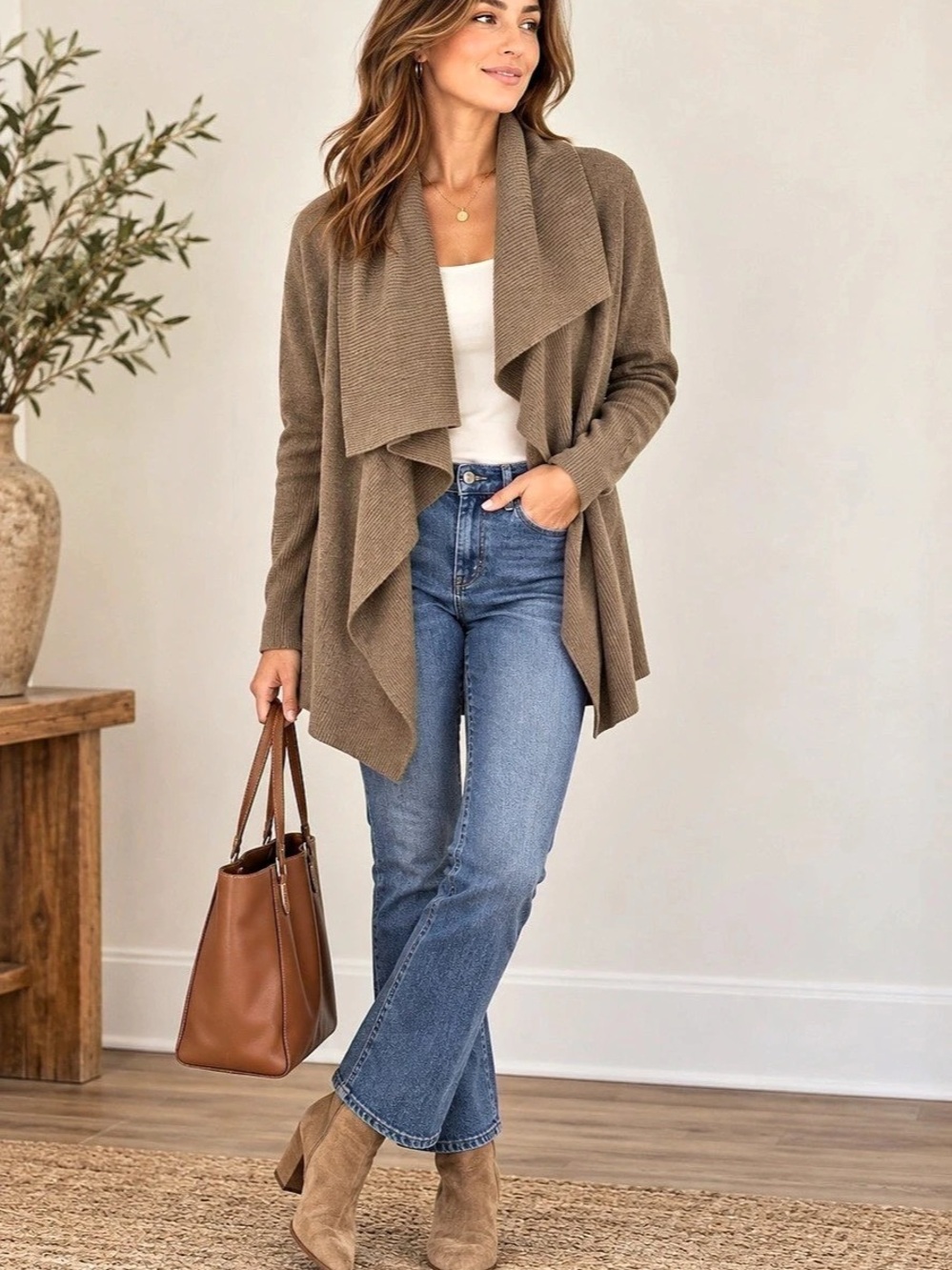 LA FAYETTE 148 NEW YORK Merino Wool Drape Cardigan in Brown Medium